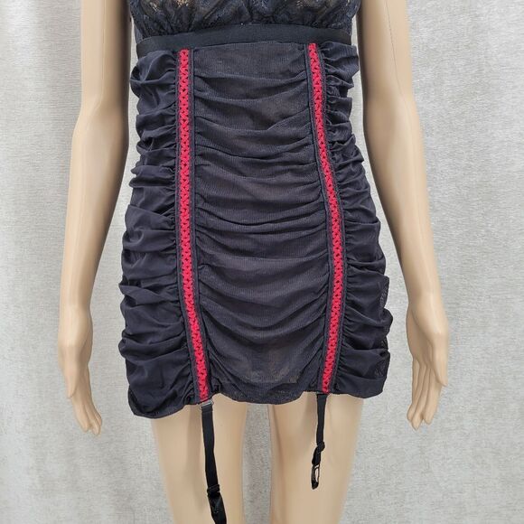 Frederick's of Hollywood Y2K Black Red Ruched Lace Chemise Mini Dress Garters - Picture 3 of 13